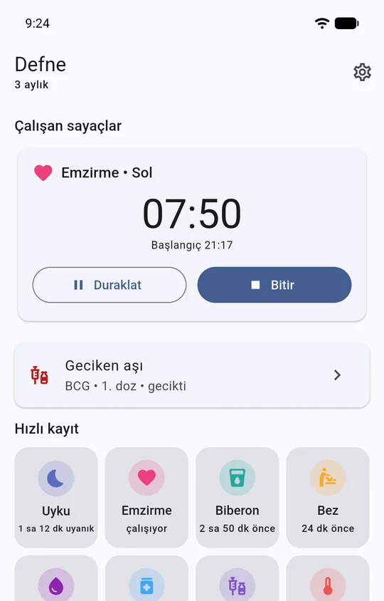 Agu Bugün ekranı: çalışan emzirme sayacı, geciken aşı uyarısı ve hızlı kayıt düğmeleri