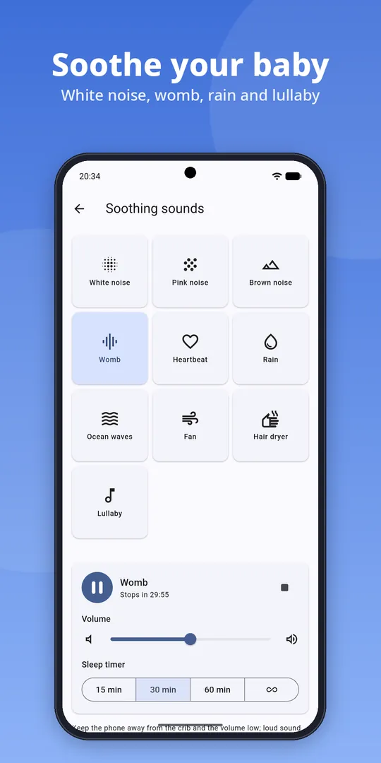 Soothing sounds: white noise, womb, rain and lullaby